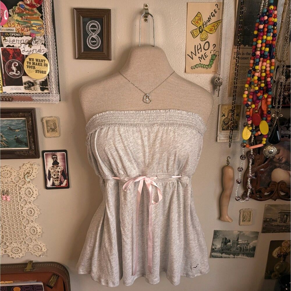 Hollister Babydoll Ribbon Tie Top Women's Large Light Gray Strapless Coquette